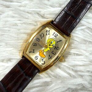 Warner Bros Tweety Bird Gold Face Brown Croc Embossed Strap Watch